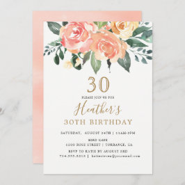 Eleganter Peach und Gold Floral 30. Geburtstag Einladung