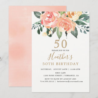 Eleganter Peach und Gold Floral 50. Geburtstag Einladung