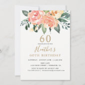 Eleganter Peach und Gold Floral 60. Geburtstag Einladung (Vorderseite)