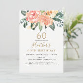 Eleganter Peach und Gold Floral 60. Geburtstag Einladung (Stehend Vorderseite)