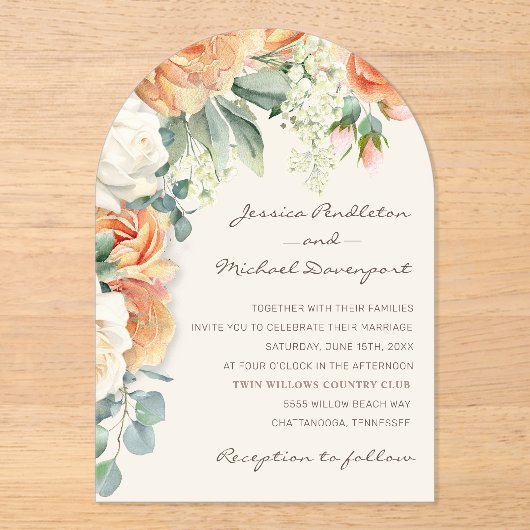 Eleganter Peach White Floral Eukalyptus Wedding Ar Acryleinladungen (Vorderseite)