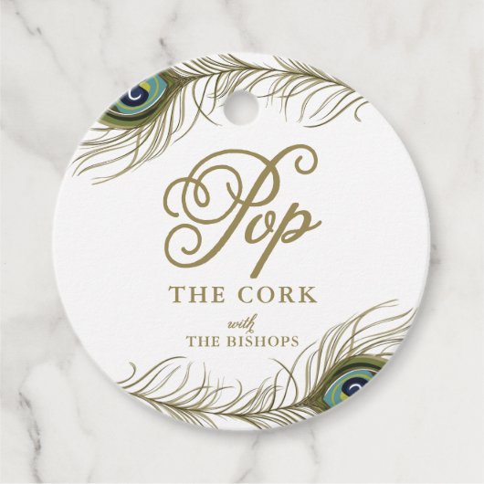 Eleganter Peacock Feather Baby Shower Champagne Geschenkanhänger (Vorderseite)