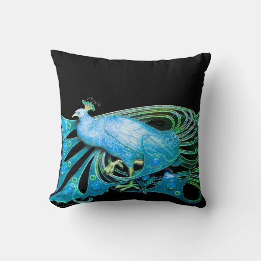 ELEGANTER PEACOCK IN AQUE BLAU Aquamarin Black Kissen (Vorderseite)