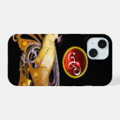 ELEGANTER PEACOCK IN GELB, RUBY MONOGRAM iPhone 15 HÜLLE (Rückseite (Horizontal))