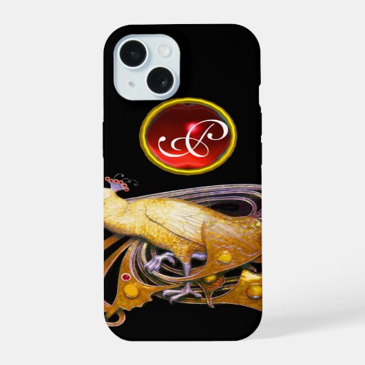 ELEGANTER PEACOCK IN GELB, RUBY MONOGRAM iPhone 15 HÜLLE (Rückseite)