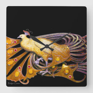 ELEGANTER PEACOCK IN GELB UND SCHWARZ QUADRATISCHE WANDUHR