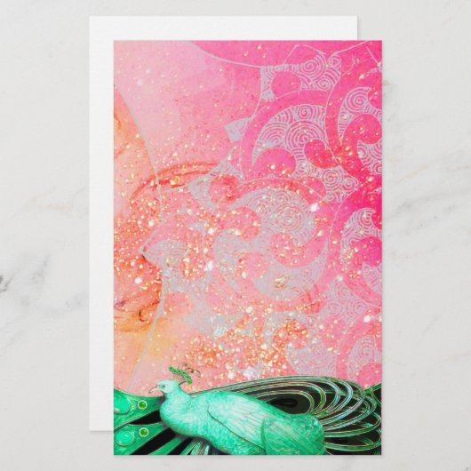 ELEGANTER PEACOCK IN GREEN SPARKLING PINK FUCHSIA BRIEFPAPIER (Vorne/Hinten)