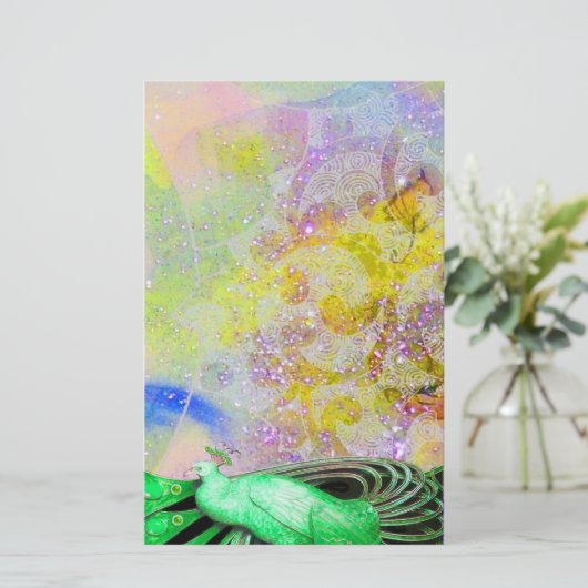 ELEGANTER PEACOCK IN GRÜNEN GARKLING GELBE LILA BRIEFPAPIER (Stehend Vorderseite)