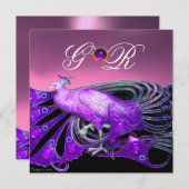 ELEGANTER PEACOCK IN LILA, PINK WEDING MONOGRAM EINLADUNG (Vorne/Hinten)