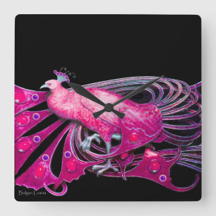 ELEGANTER PEACOCK IN PINK FUCHSIA UND SCHWARZ QUADRATISCHE WANDUHR