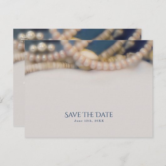 Eleganter Perlen & Muscheln Strand Save the Date Ankündigungspostkarte (Vorne/Hinten)