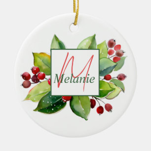 Eleganter Personalisiert Holiday Botanical Red Ber Keramik Ornament