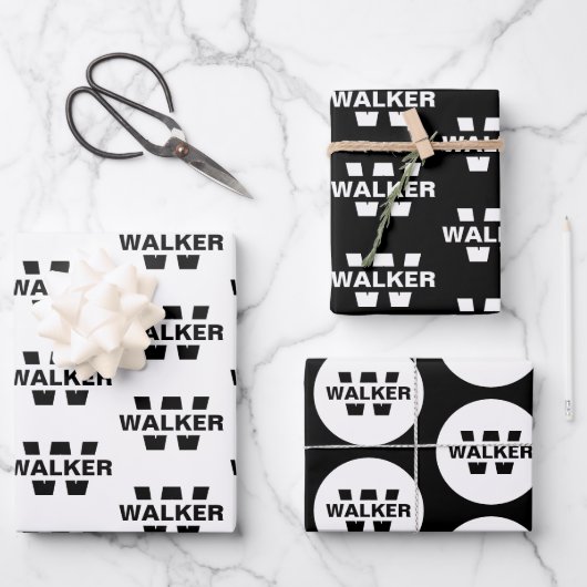 Eleganter Personalisierter Monogrammname Schwarz-w Geschenkpapier Set (Vorderseite)