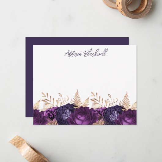 Eleganter Personalisierter Name der violetten Blum Mitteilungskarte (Vorderseite/Rückseite Beispiel)