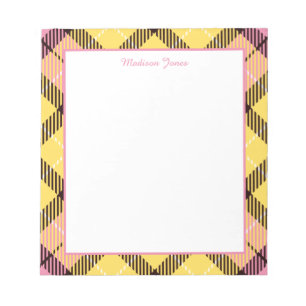 Eleganter Personalisierter Name Gelb Rosa Tartan R Notizblock