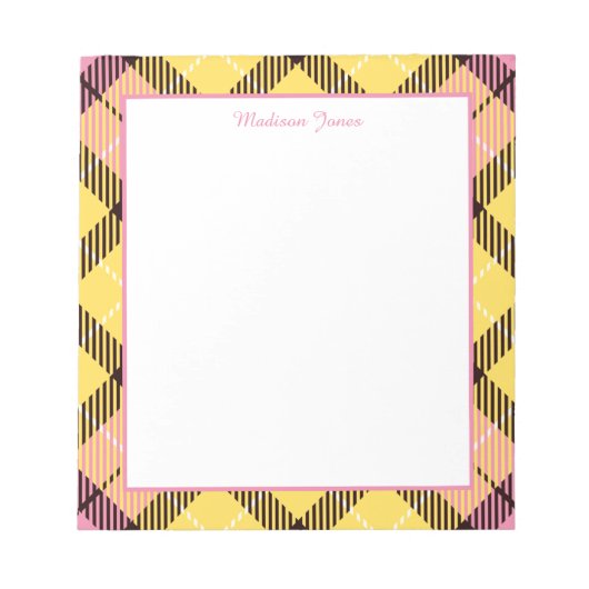 Eleganter Personalisierter Name Gelb Rosa Tartan R Notizblock (Vorderseite)