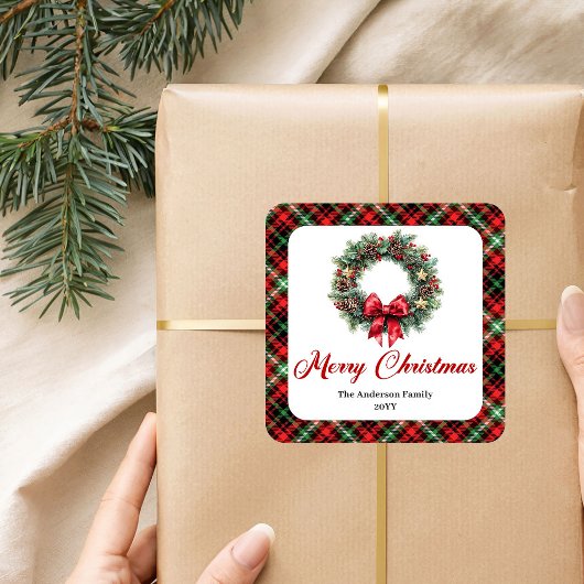 Eleganter personalisierter Weihnachtskranz Quadratischer Aufkleber