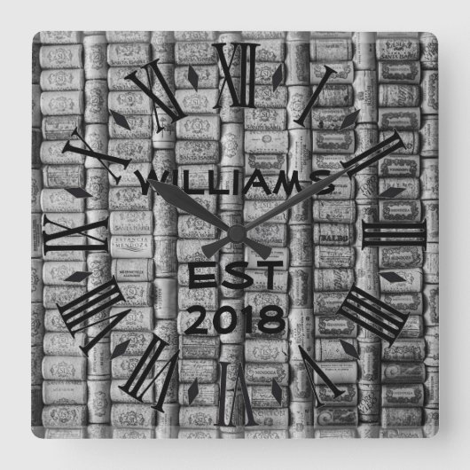 Eleganter personalisierter Wein-Korken Quadratische Wanduhr (Vorderseite)