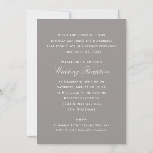 Eleganter Pewter Script Wedding Foto Empfang Einladung (Rückseite)