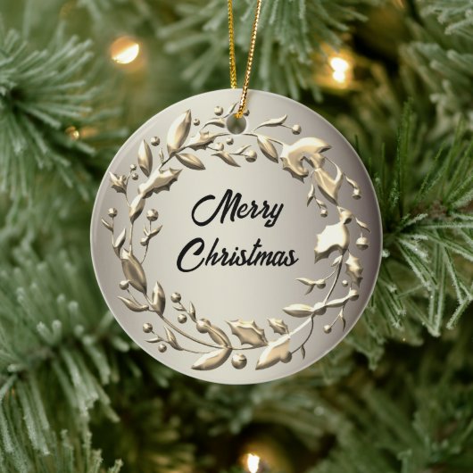 Eleganter Pewter und Blassgoldener Weihnachtskranz Keramik Ornament (Baum)