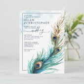 Eleganter Pfau & Aquamarin - aufwändige Einladung (Stehend Vorderseite)