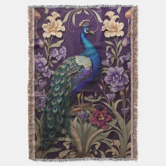 Eleganter Pfau Auf Lila William Morris Inspiriert Decke (Vorderseite Vertikal)