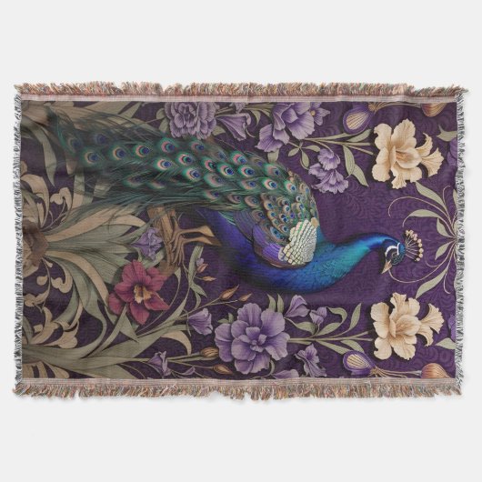Eleganter Pfau Auf Lila William Morris Inspiriert Decke (Vorderseite)