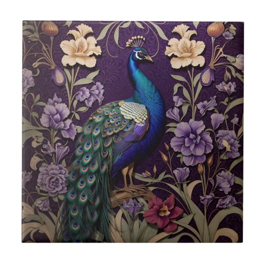Eleganter Pfau Auf Lila William Morris Inspiriert Fliese (Vorderseite)