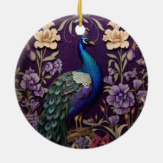 Eleganter Pfau Auf Lila William Morris Inspiriert Keramik Ornament (Hinten)