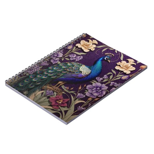 Eleganter Pfau Auf Lila William Morris Inspiriert Notizblock (Linke Seite)