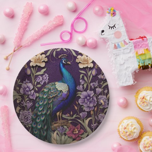 Eleganter Pfau Auf Lila William Morris Inspiriert Pappteller (Party)