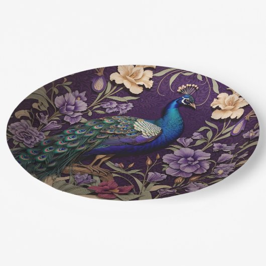 Eleganter Pfau Auf Lila William Morris Inspiriert Pappteller (Schrägansicht)