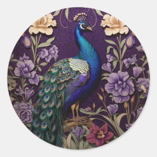 Eleganter Pfau Auf Lila William Morris Inspiriert Runder Aufkleber