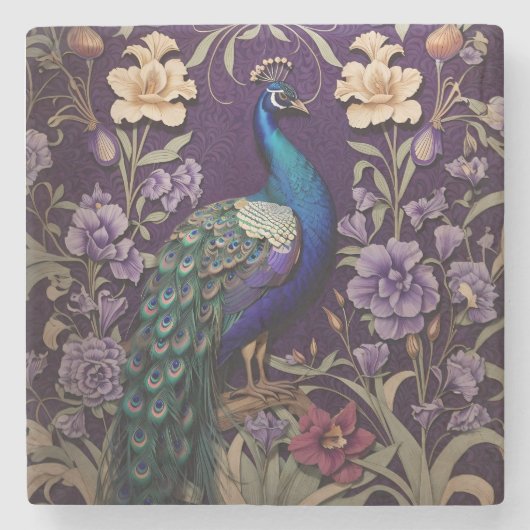 Eleganter Pfau Auf Lila William Morris Inspiriert Steinuntersetzer (Vorderseite)