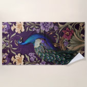 Eleganter Pfau Auf Lila William Morris Inspiriert Strandtuch (Vorderseite)