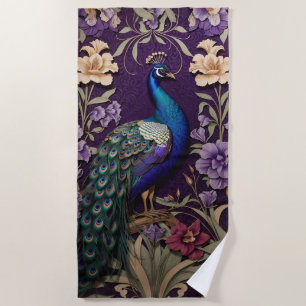 Eleganter Pfau Auf Lila William Morris Inspiriert Strandtuch