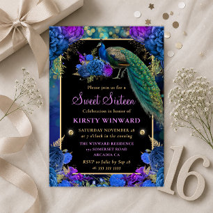 Eleganter Pfau Blumen Sweet Sixteen Einladung