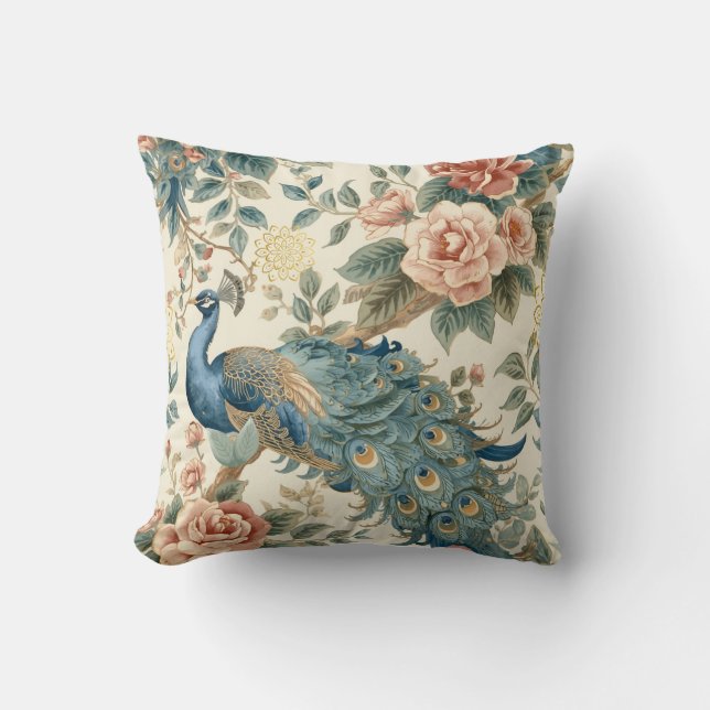 Eleganter Pfau Blumenmuster  Kissen (Vorderseite)