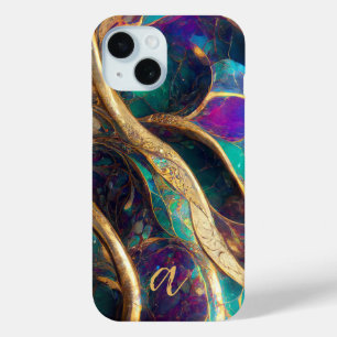 Eleganter Pfau-Farbton Goldader Marmor Monogramm Case-Mate iPhone Hülle