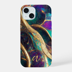 Eleganter Pfau-Farbton Goldader Marmor Monogramm iPhone 15 Hülle