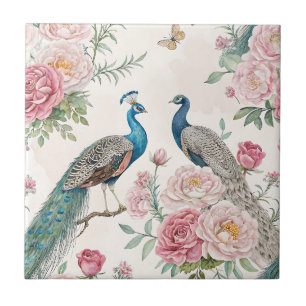Eleganter Pfau Floral Vintage (1) Fliese
