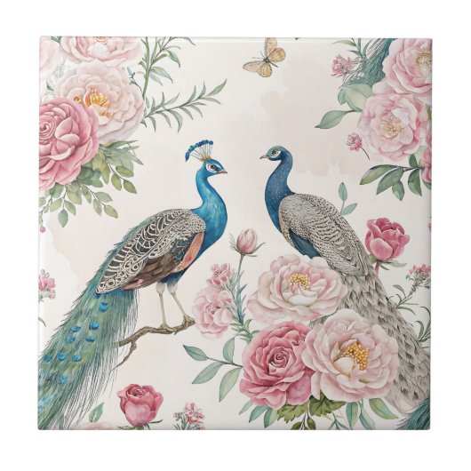 Eleganter Pfau Floral Vintage (1) Fliese (Vorderseite)