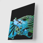 ELEGANTER PFAU IM AQUA BLAU, AQUAMARIN UND SCHWARZ QUADRATISCHE WANDUHR (Winkel)