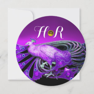 ELEGANTER PFau IN LILA, SCHWARZE HOCHZEIT  MONOGRA Einladung