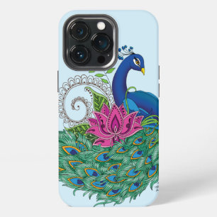 Eleganter Pfau-Lotus-Blume Verzierte Blaue Henna iPhone 13 Pro Hülle