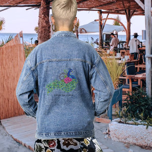 Eleganter Pfau-Lotus-Blume Verzierte Blaue Henna Jeansjacke