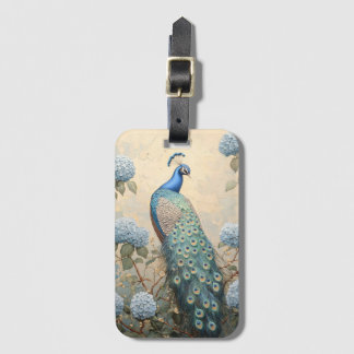 Eleganter Pfau mit blauen Hortensien Ölgemälde Gepäckanhänger
