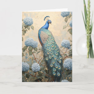 Eleganter Pfau mit blauen Hortensien Ölgemälde Karte