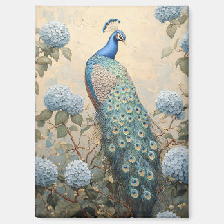 Eleganter Pfau mit blauen Hortensien Ölgemälde Magnet