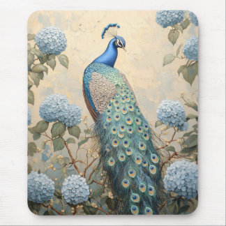 Eleganter Pfau mit blauen Hortensien Ölgemälde Mousepad